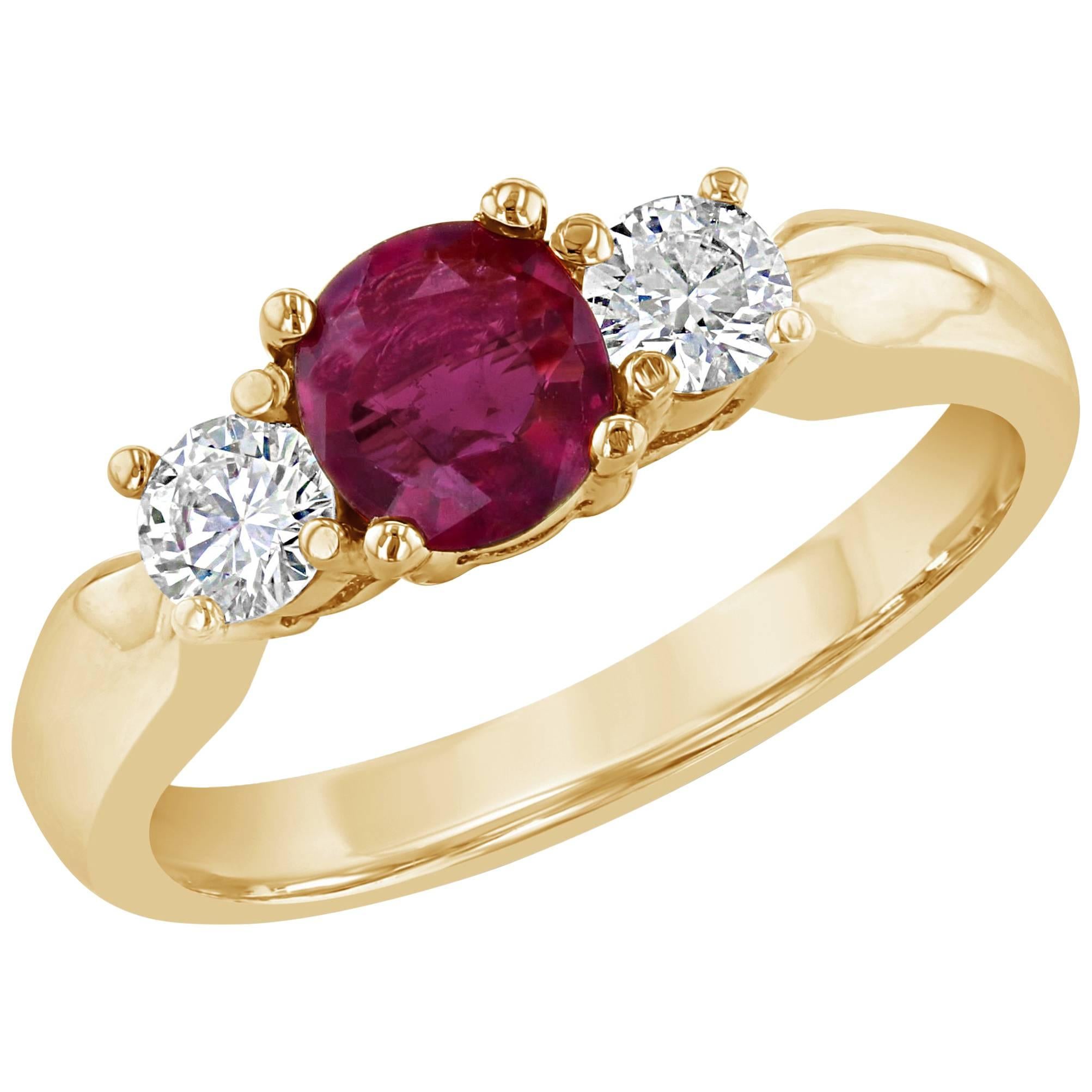 1.08 Carat Burmese Ruby Diamond Three-Stone Ring