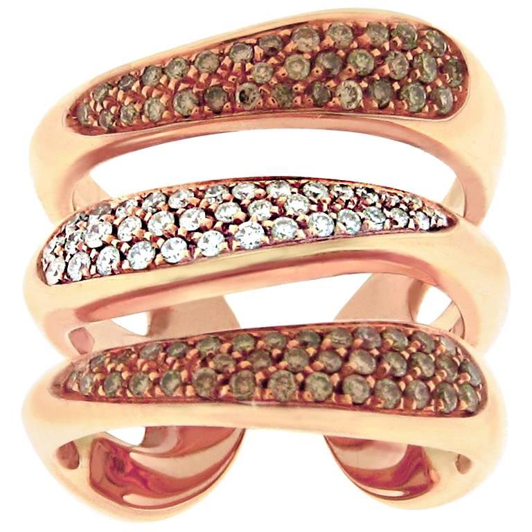 Gavello Rose Gold White Brown Diamond Triple Band Ring For Sale