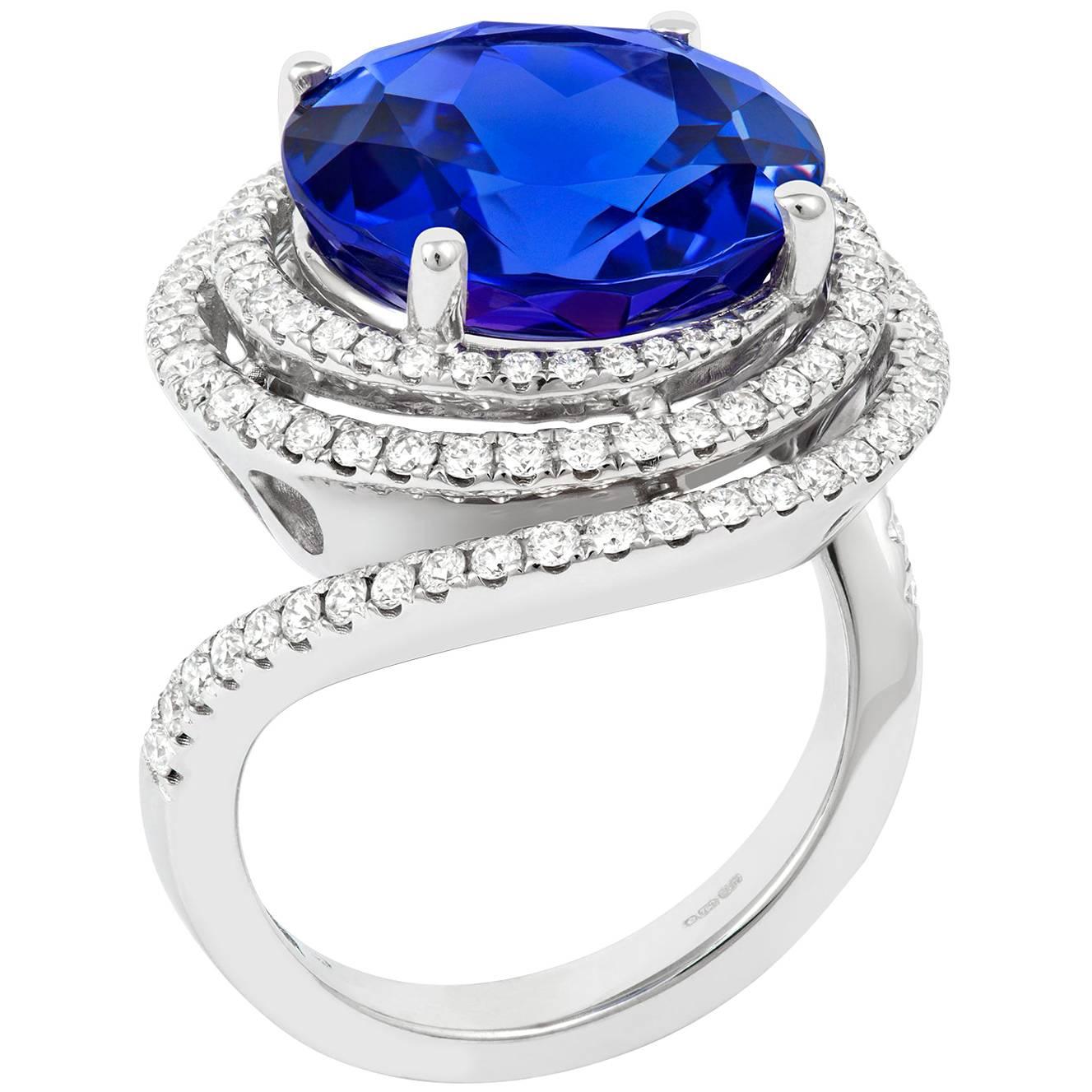 Tivon 18ct White Gold large circular AAAA Tanzanite and Diamond Cocktail Ring For Sale