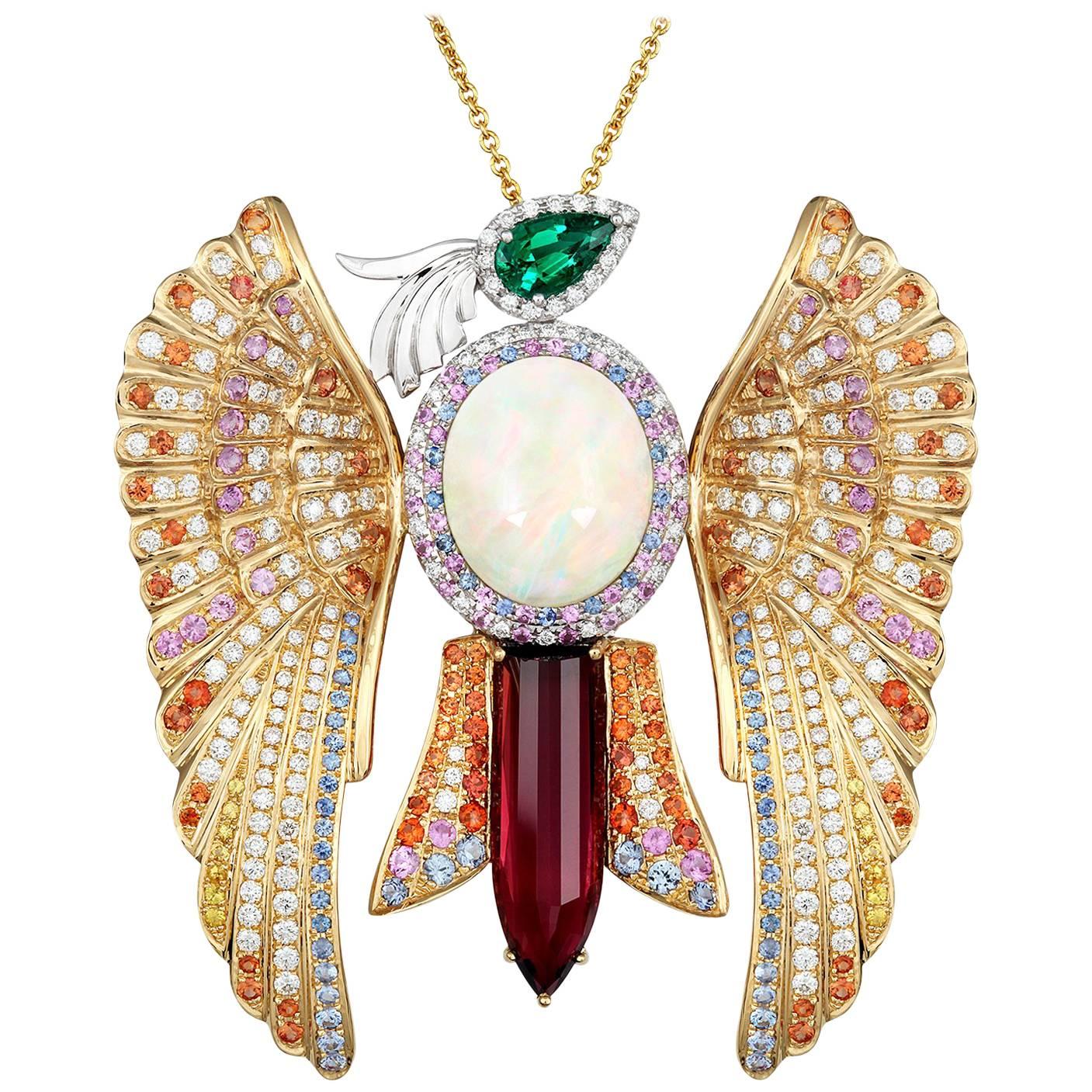 Sapphire Emerald Opal Rubelite White Diamond Gold Phoenix Pendant Necklace For Sale