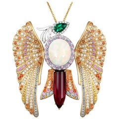 Sapphire Emerald Opal Rubelite White Diamond Gold Phoenix Pendant Necklace