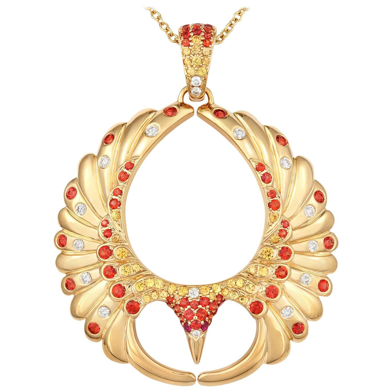Tivon 18ct Yellow Gold large diamond ruby and sapphire set Phoenix Pendant For Sale