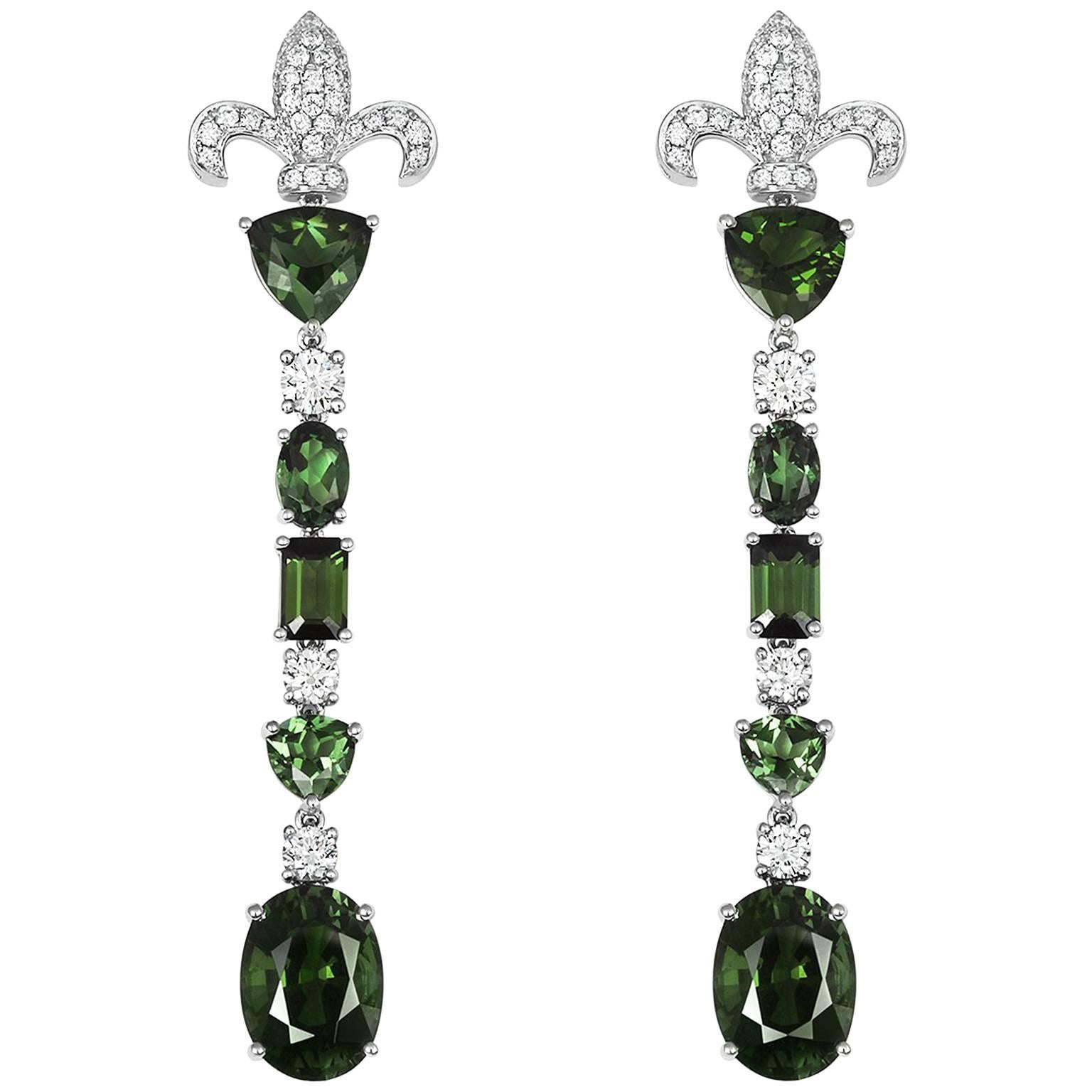 Tivon 18ct White Gold Green Tourmaline and diamond long dangly Earrings For Sale