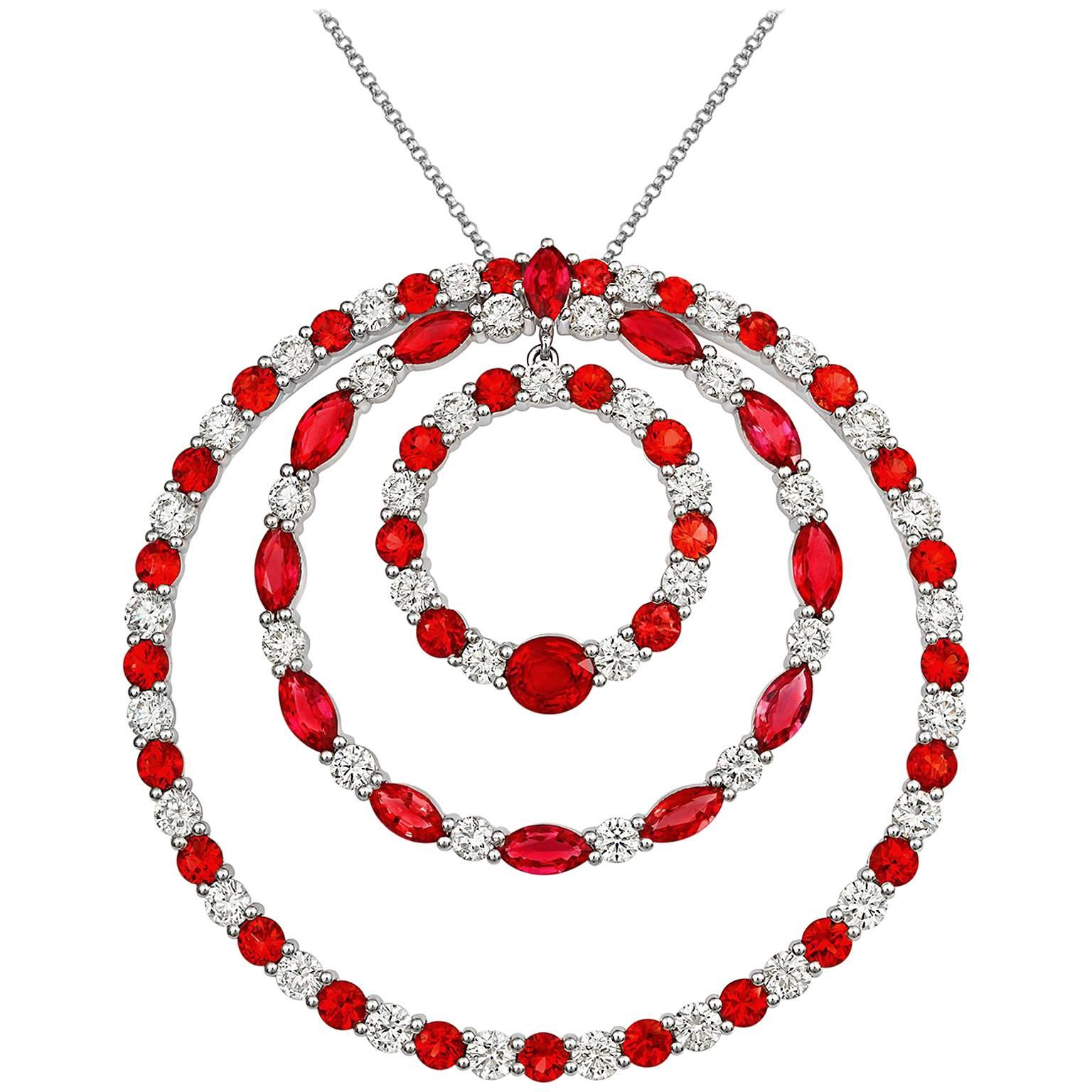 Tivon 18ct White Gold large concentric circle Ruby, Sapphire & Diamond Pendant