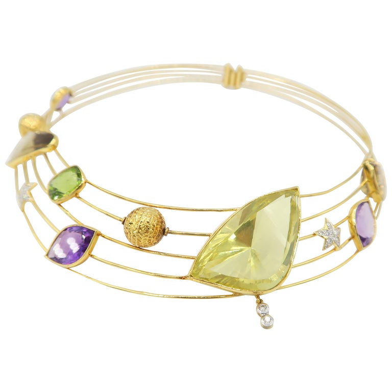 BOON MultiGem Statement Bold Modern Color Wire Necklace For Sale at