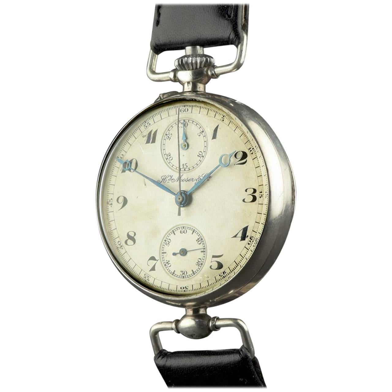 Henry Moser Sterling Silver Chronograph Jumping Minute Wristwatch, 1920s For Sale