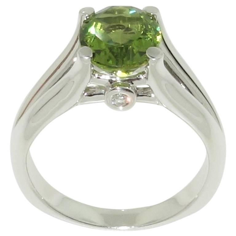 3.01 Carat Peridot and Diamond Sterling Silver Rhodium Ring For Sale