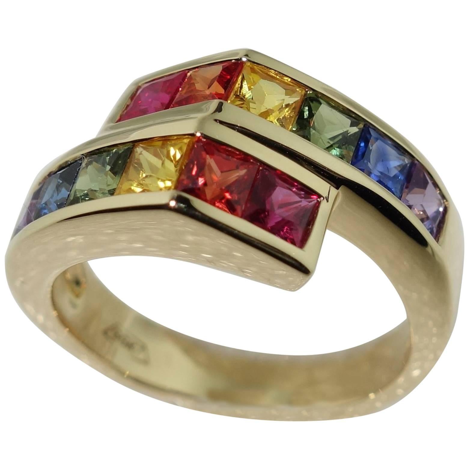 2.42 Carat Princess Cut Multi-Color Sapphire Gold Crossover Ring For Sale
