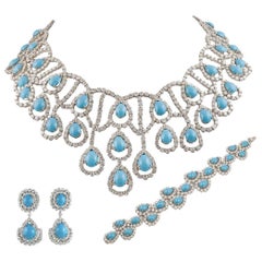Platinum Diamond and Turquoise Suite Necklace 7