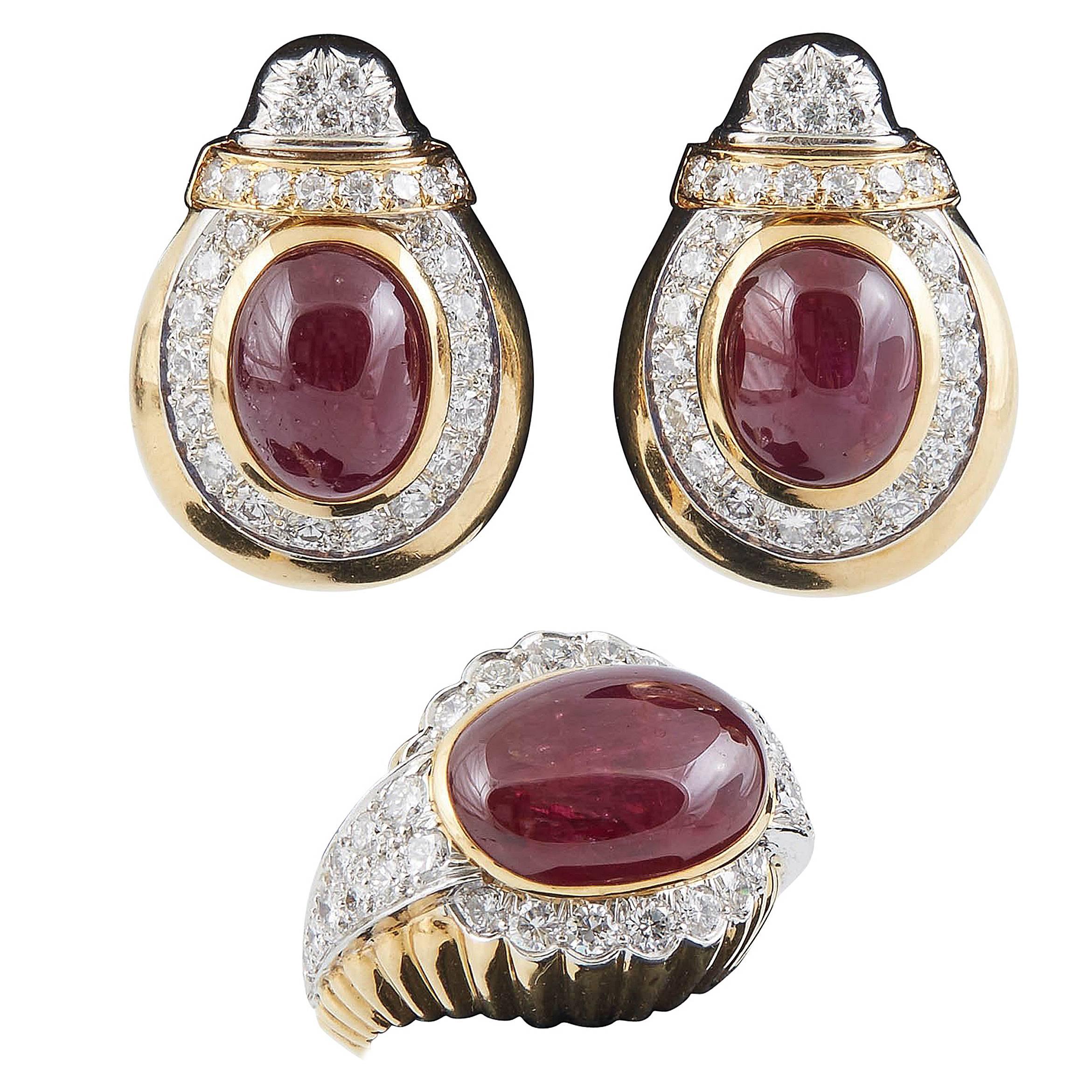 David Webb Diamond Ruby Gold Earrings and Ring