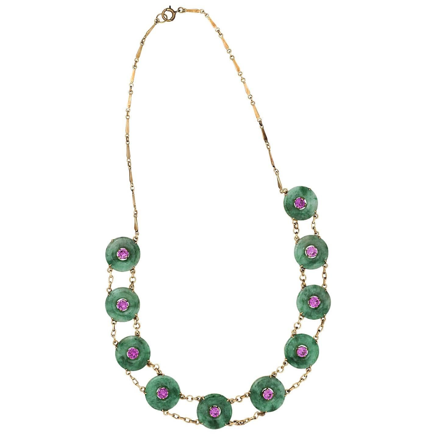 Jade and Pink Tourmaline Gold Necklace