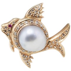 Retro 1.40 g Pearls, 0.55 ct Diamonds, 0.04 Ruby Fish Shape Rose Gold Pendant Necklace