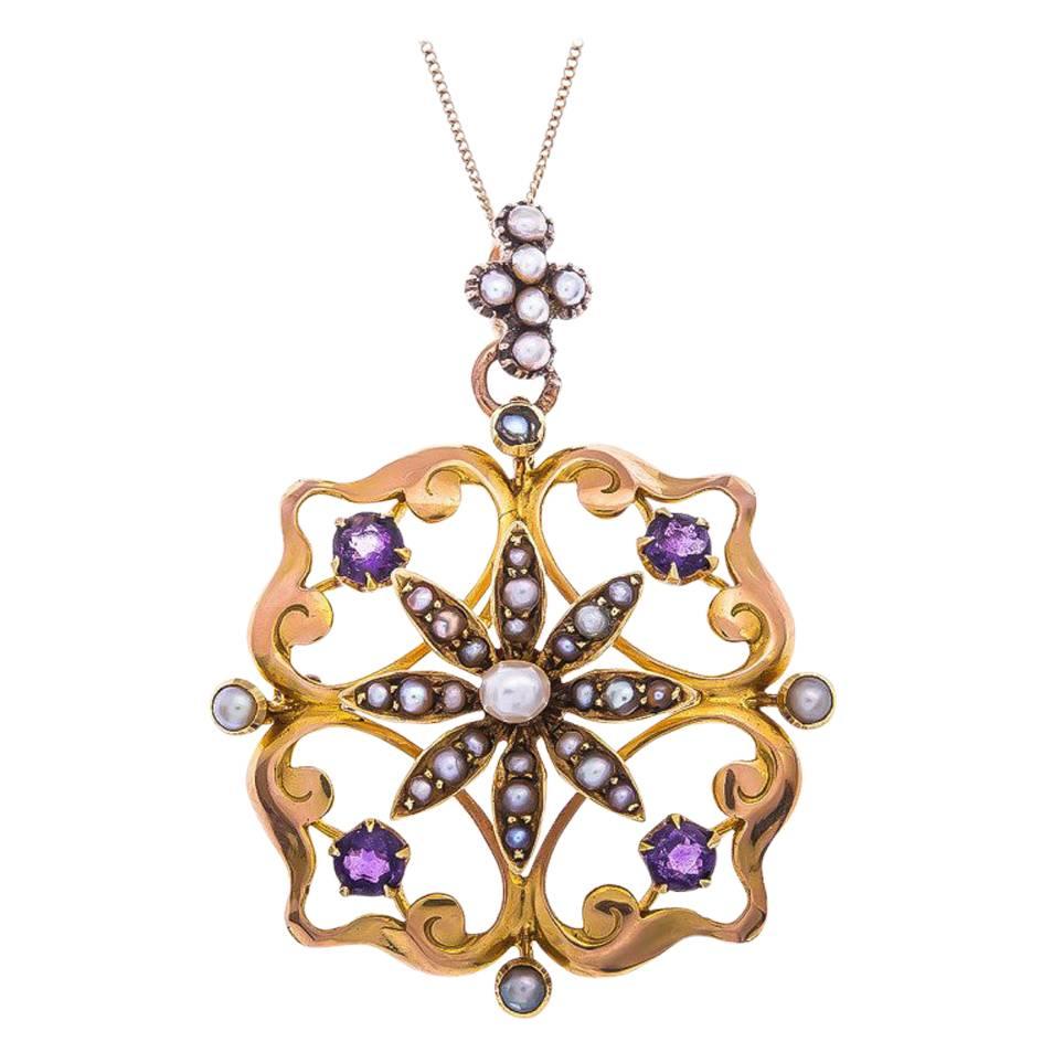 Edwardian 15 Carat Yellow Gold Amethyst and Seed Pearl Pendant / Brooch For Sale