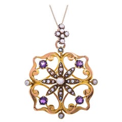Edwardian 15 Carat Yellow Gold Amethyst and Seed Pearl Pendant / Brooch