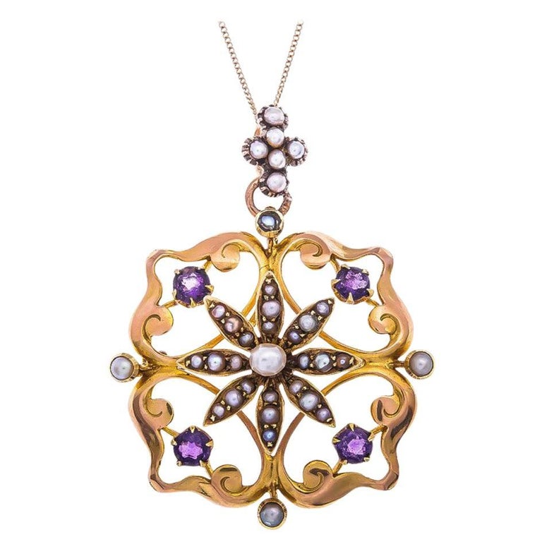 Edwardian 15 Carat Yellow Gold Amethyst and Seed Pearl Pendant / Brooch