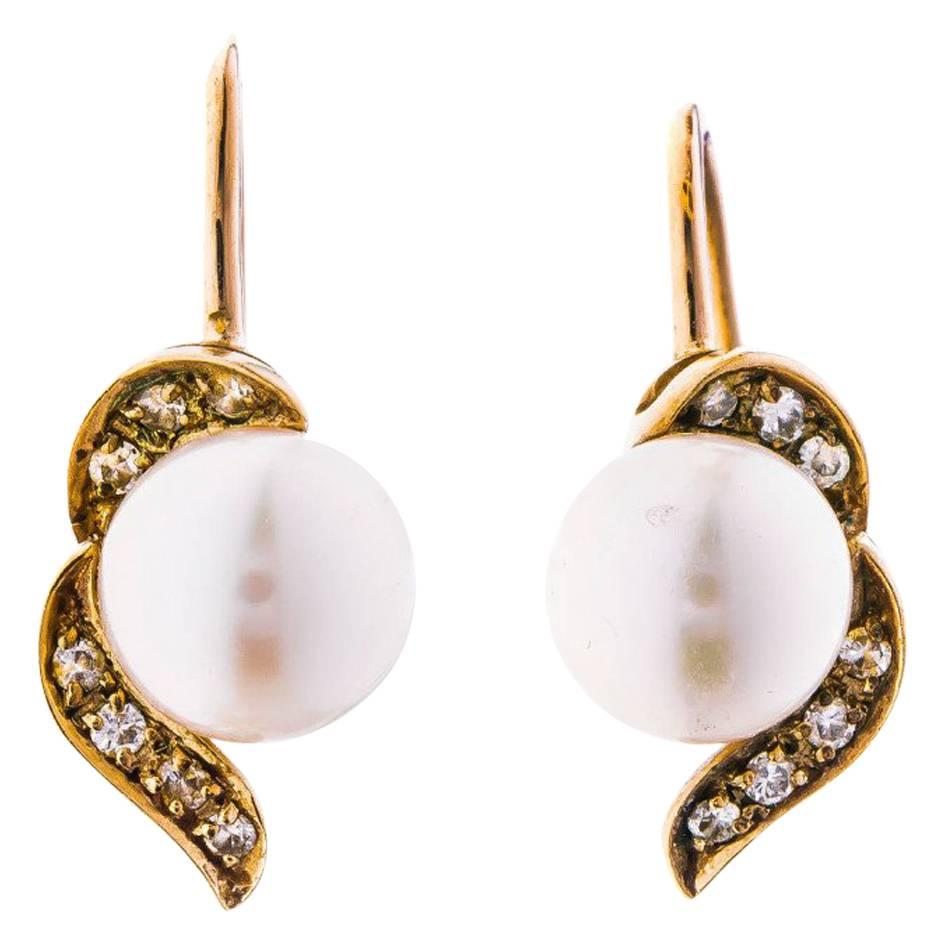Vintage 9 Carat Gold Cultured Pearl and Diamond Screwback Earrings