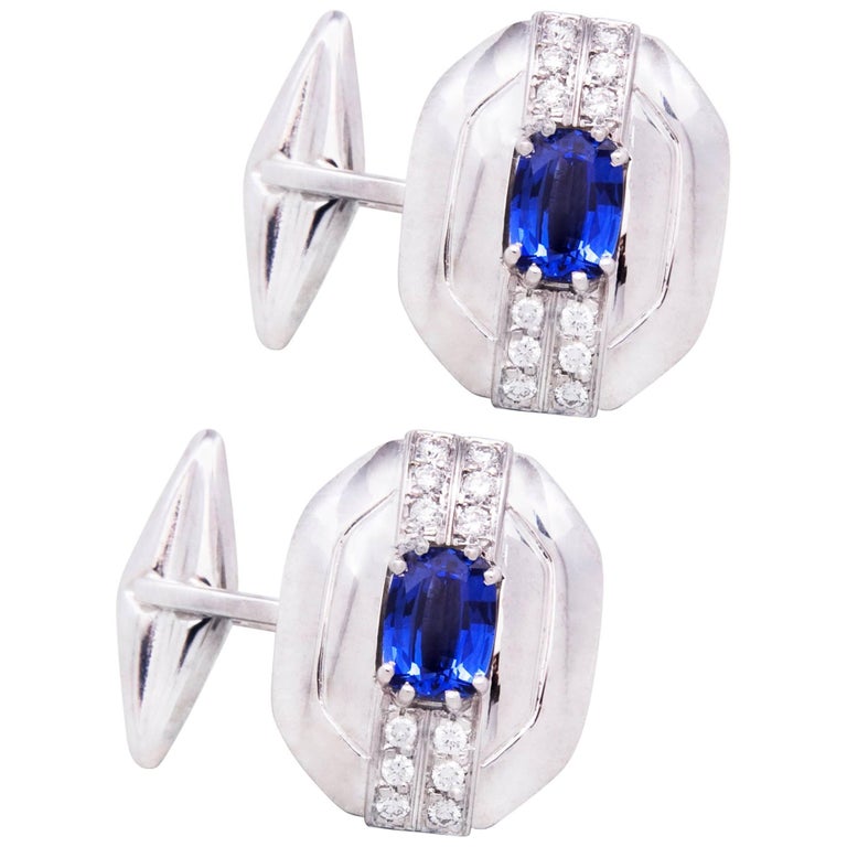 Ella Gafter Blue Sapphire and Diamond Cufflinks White Gold For Sale at