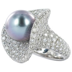 Fabuleuse bague en diamant avec perle de culture de Tahiti