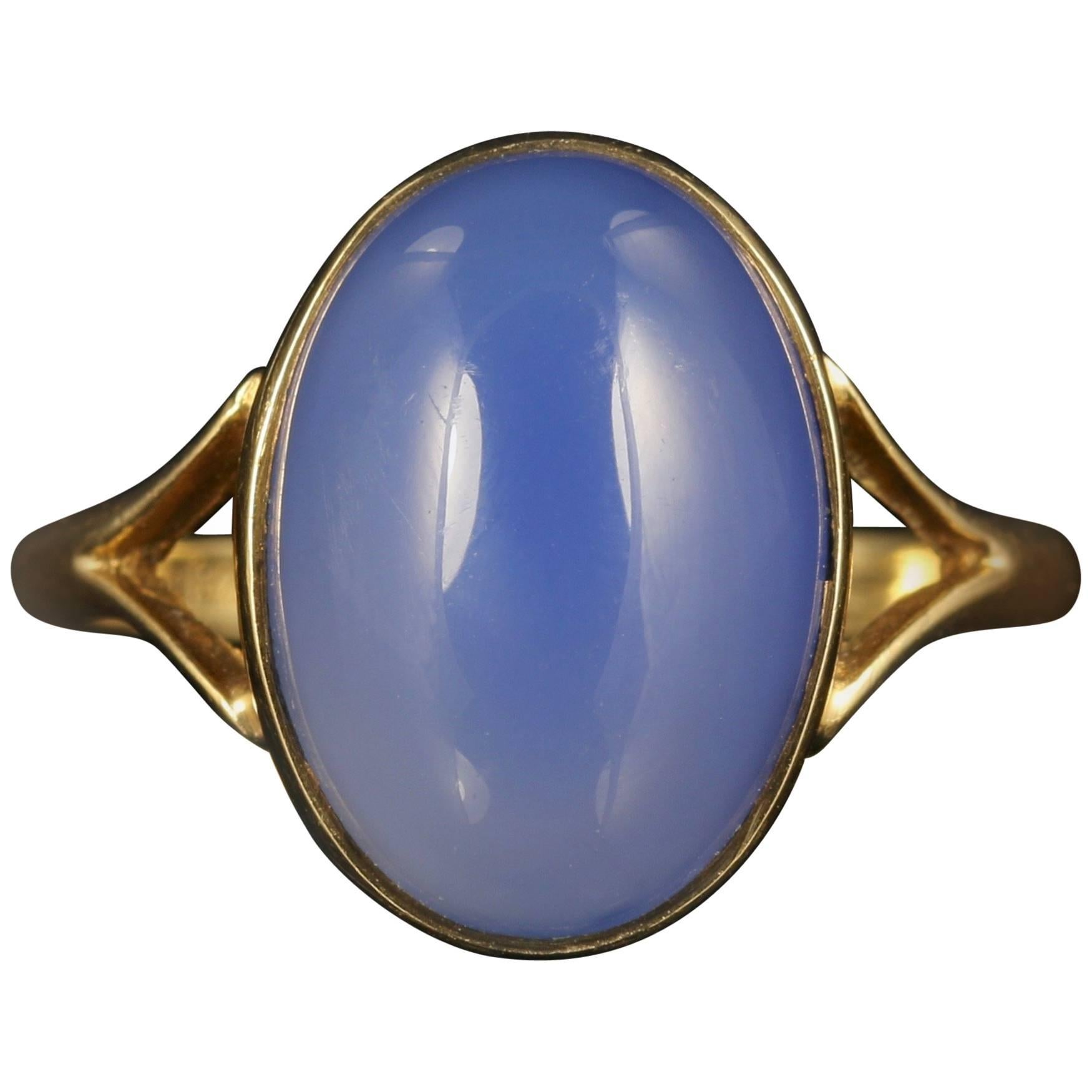 Antique Victorian Chalcedony Agate Blue Gold Ring Dated 1871