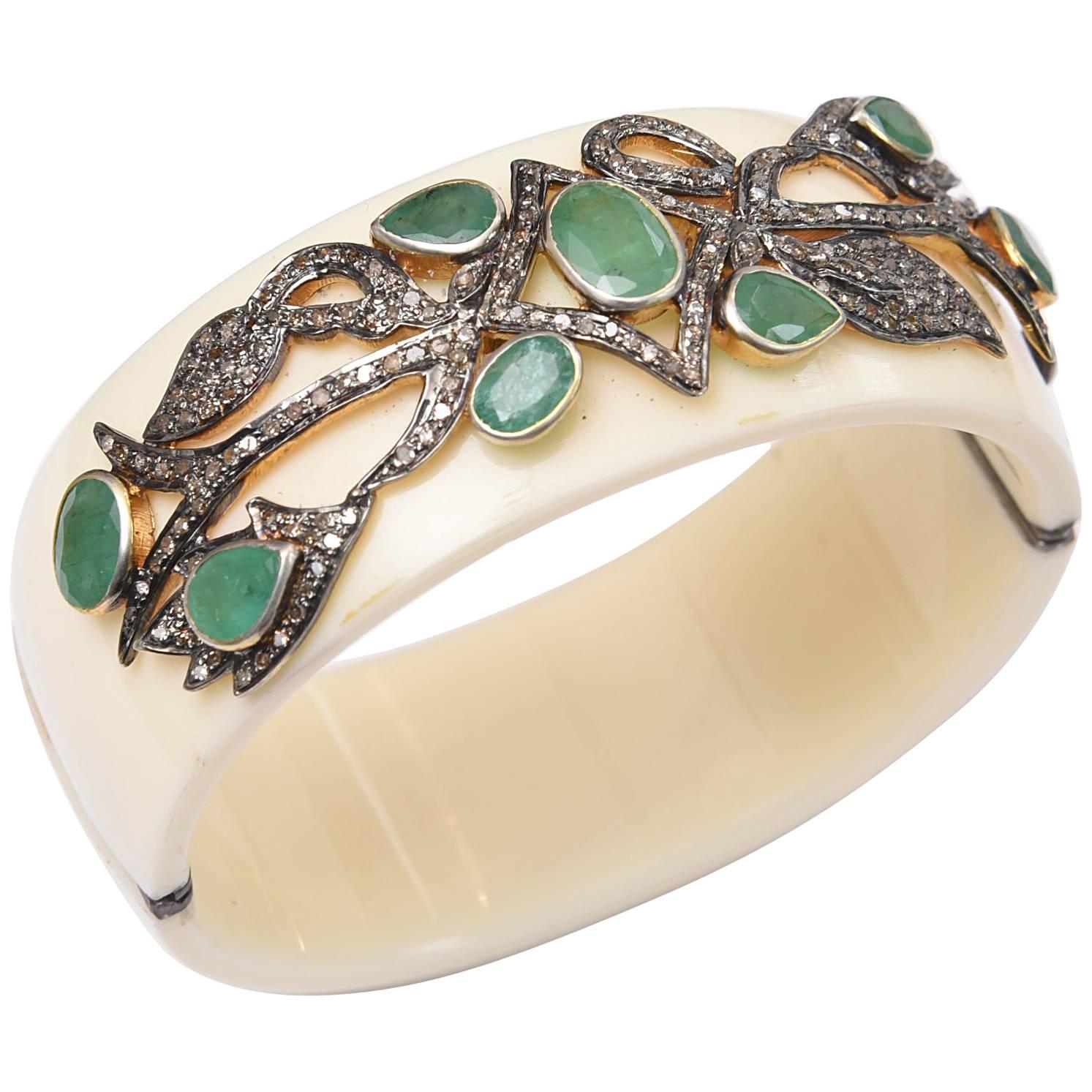 Bakelite Cuff Bracelet with Diamonds and Emeralds