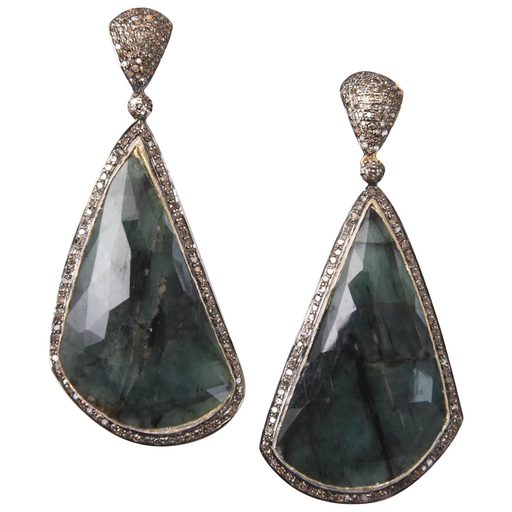 Rose Cut Emerald and Diamond Drop Earrings
