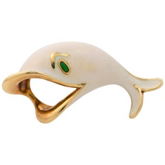 1950s 18K Gold and Enamel White Whale Brooch
