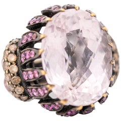 Vintage 15 Carat Pink Kunzite, Sapphire and Diamond Cocktail Ring