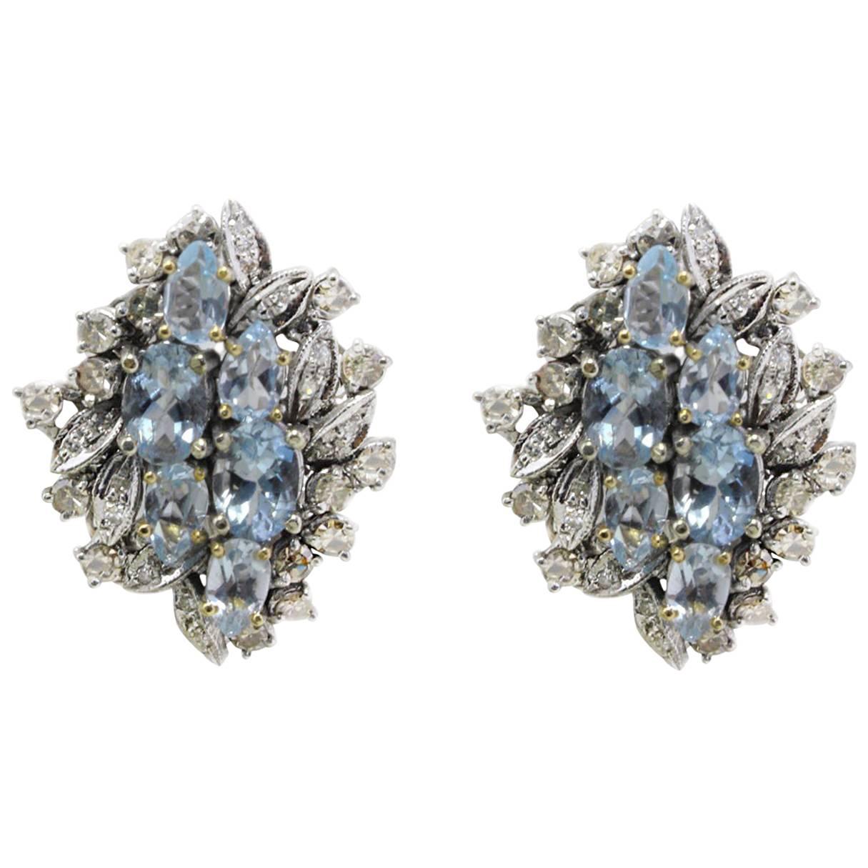 Luise Aquamarine and Diamonds Stud Gold Earrings