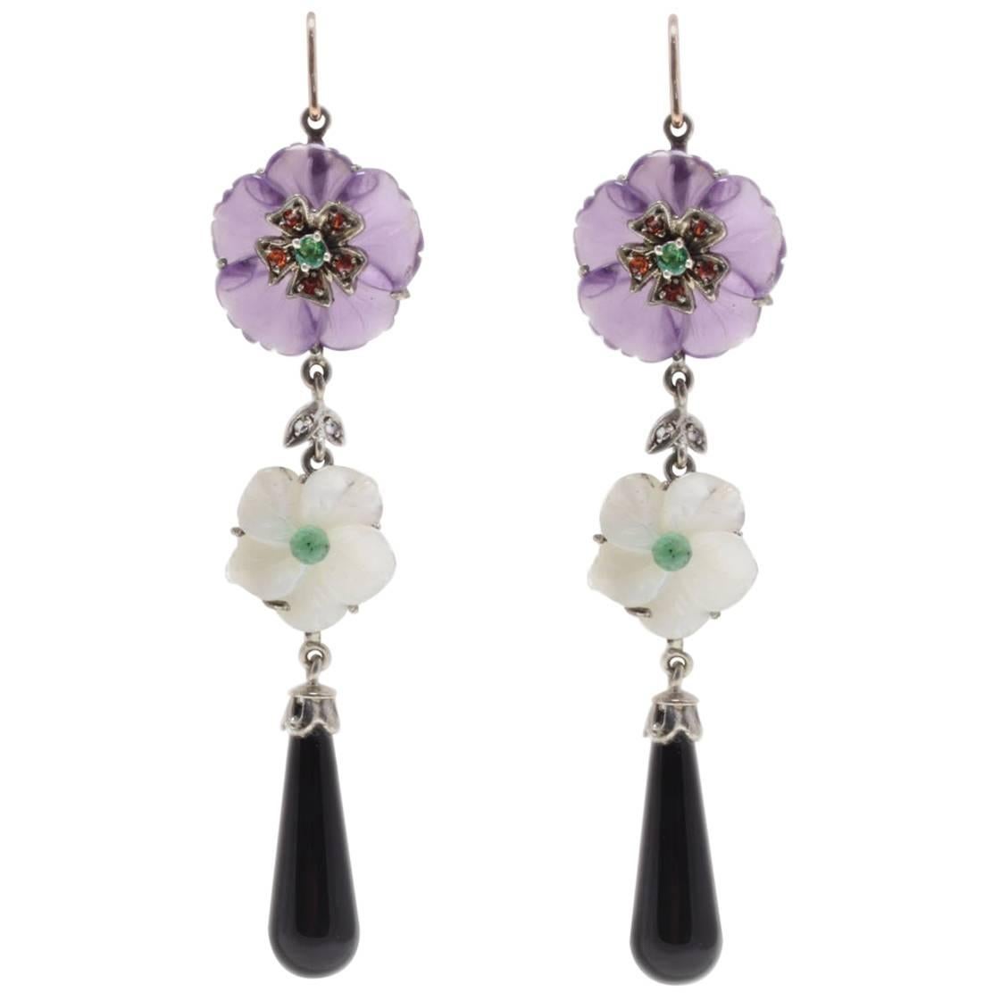  Amethyst, Onyx and Mother-of-Pearl Drop Rose Gold and Silver Earrings