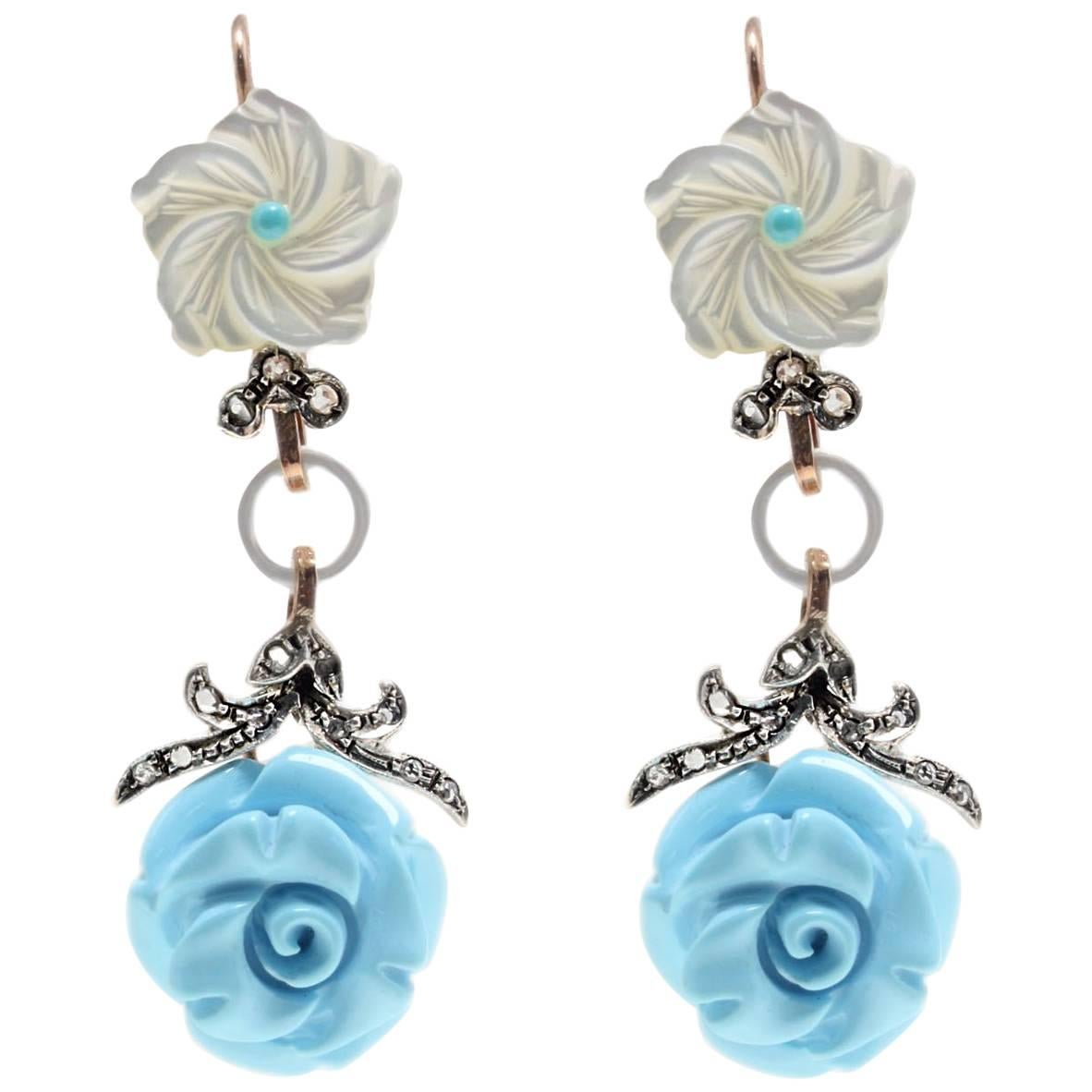 Mother-of-Pearl and Turquoise Dangle Rose Gold and Silver Earrings