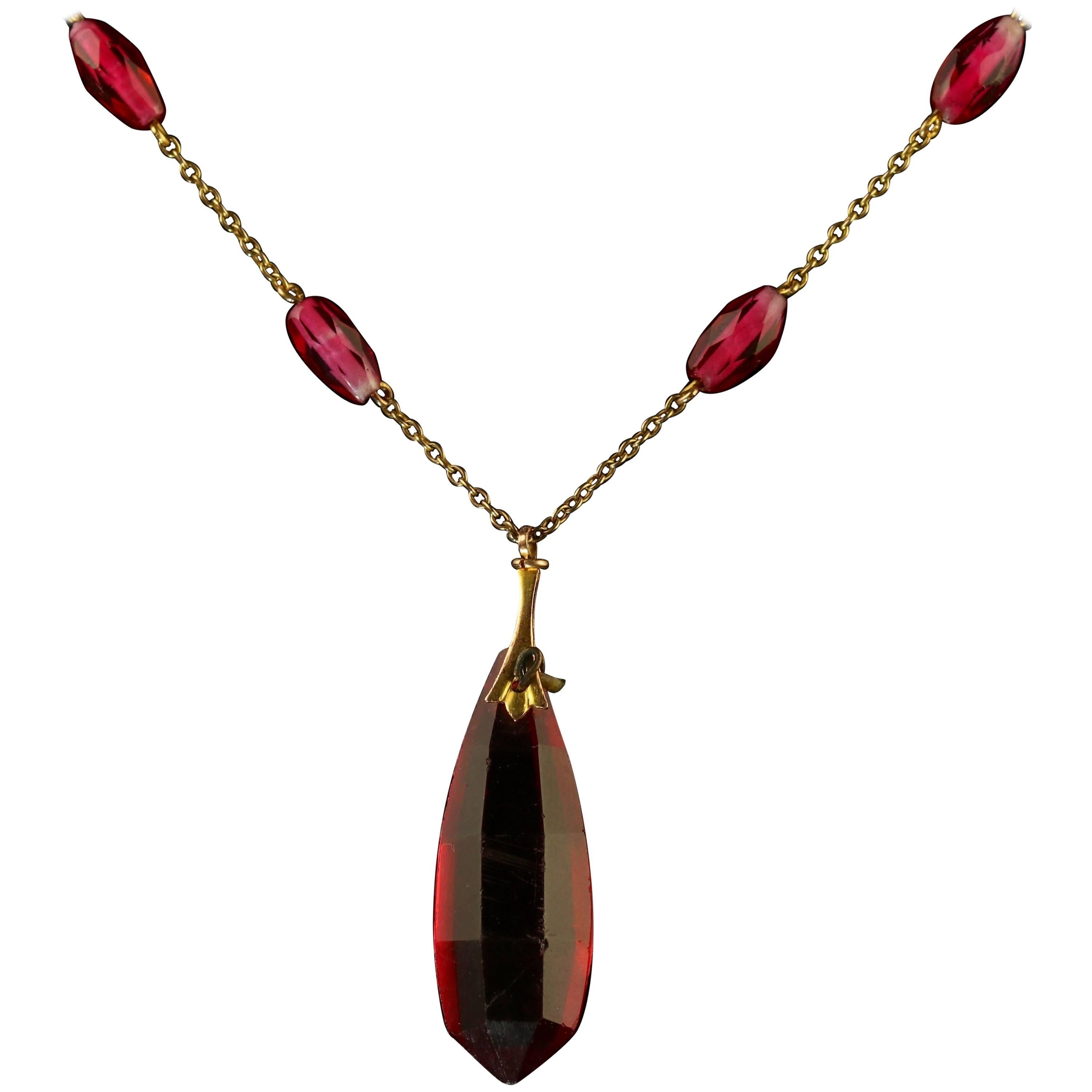 Antique Victorian Cranberry Glass Gold Dropper Necklace For Sale