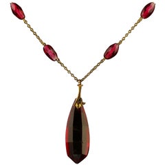 Antique Victorian Cranberry Glass Gold Dropper Necklace