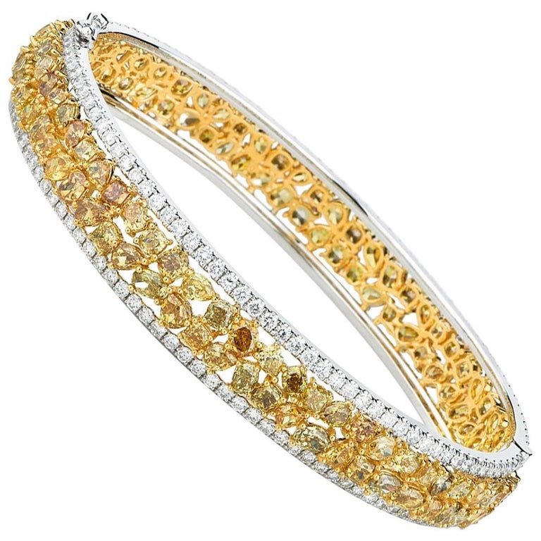 White Gold Fancy Yellow Diamond Bangle with White Diamonds For Sale