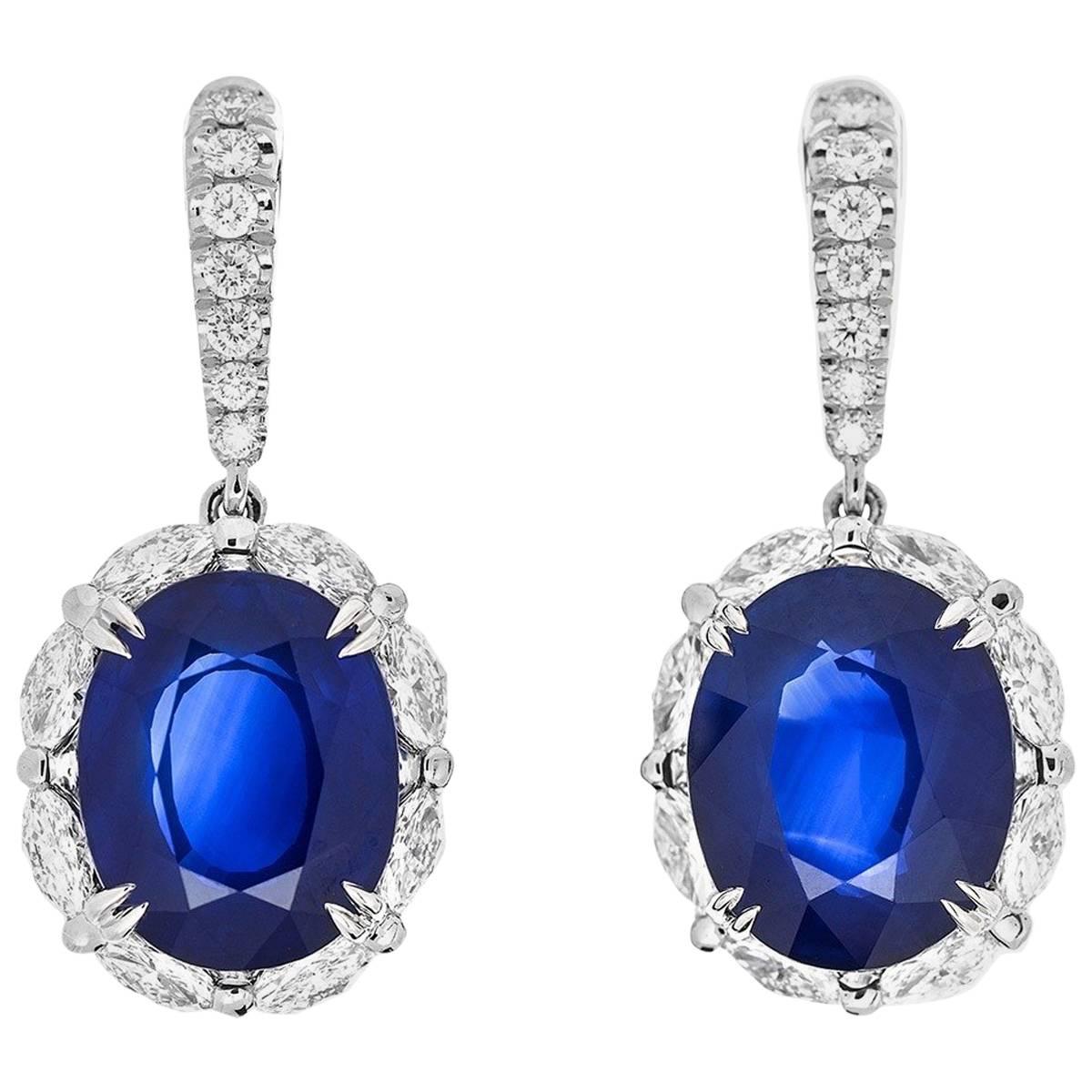Natural Sri-Lanka Royal Blue Sapphire Drop Earrings with Diamonds GRS Report