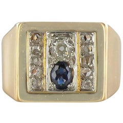 French 1940s Tank Sapphire Diamond Rose Gold Retro Signet Ring