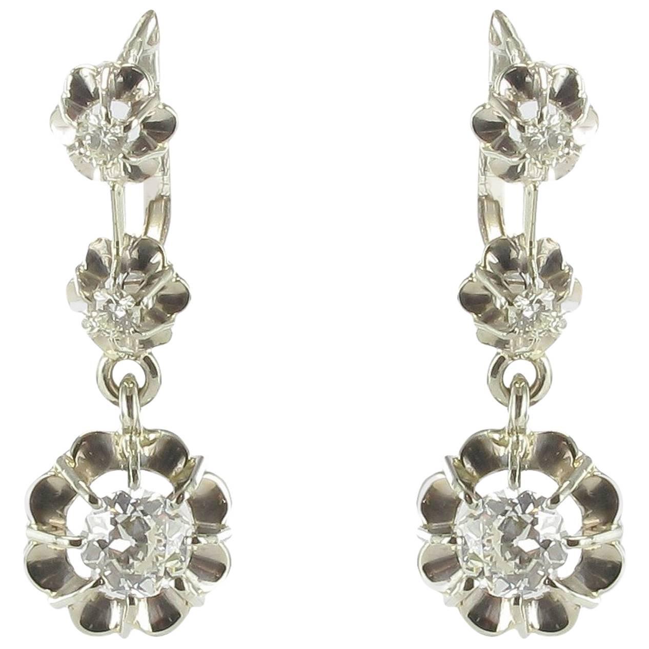 French 1930s Three Diamond White Gold Dangle Drop Earrings