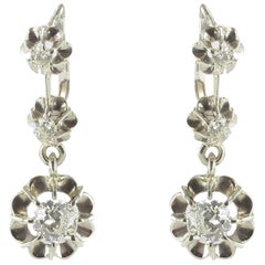 French 1930s Three Diamond White Gold Dangle Drop Earrings