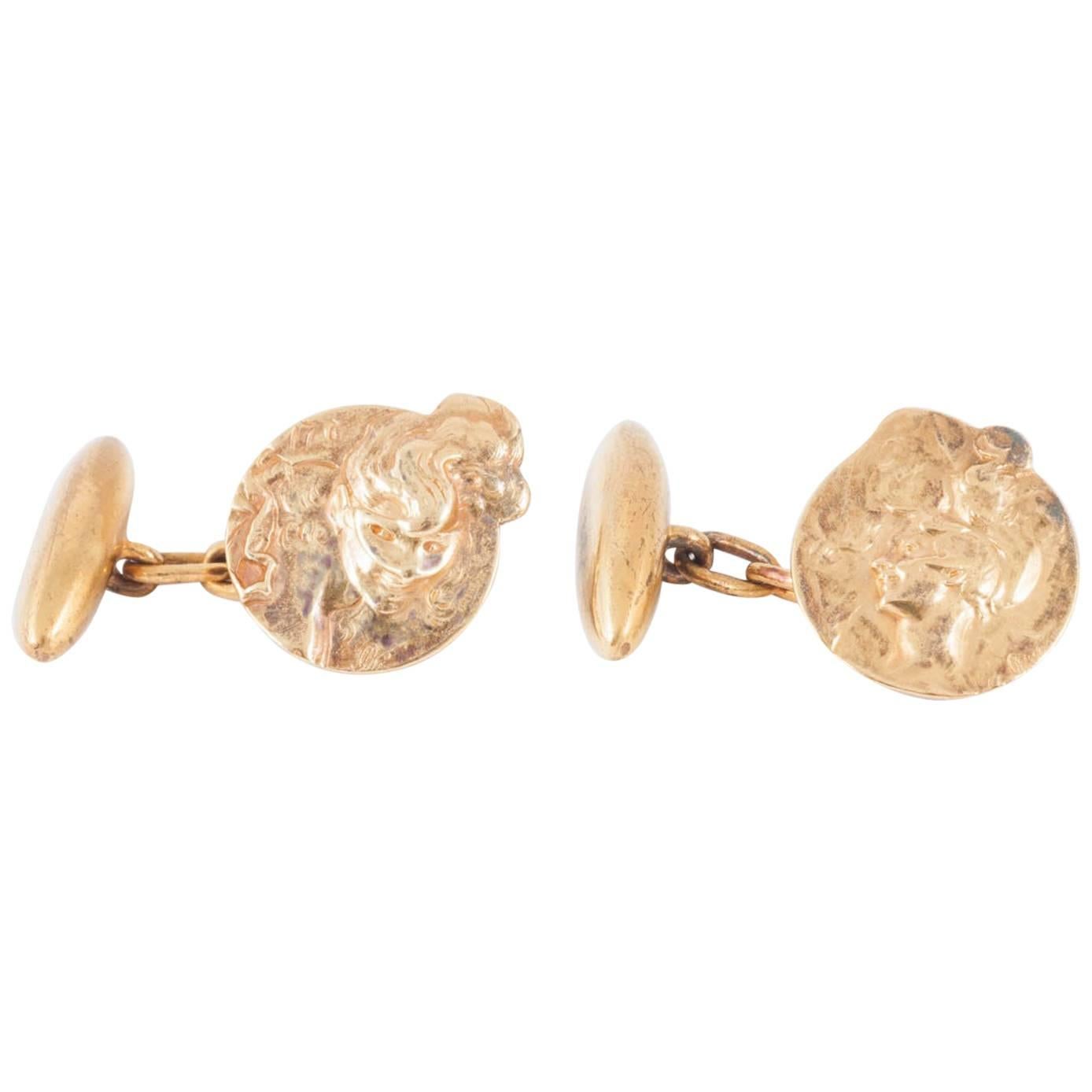  Art Nouveau Cufflinks by Jules Cheret in 18 Karat Gold, French circa 1890  For Sale