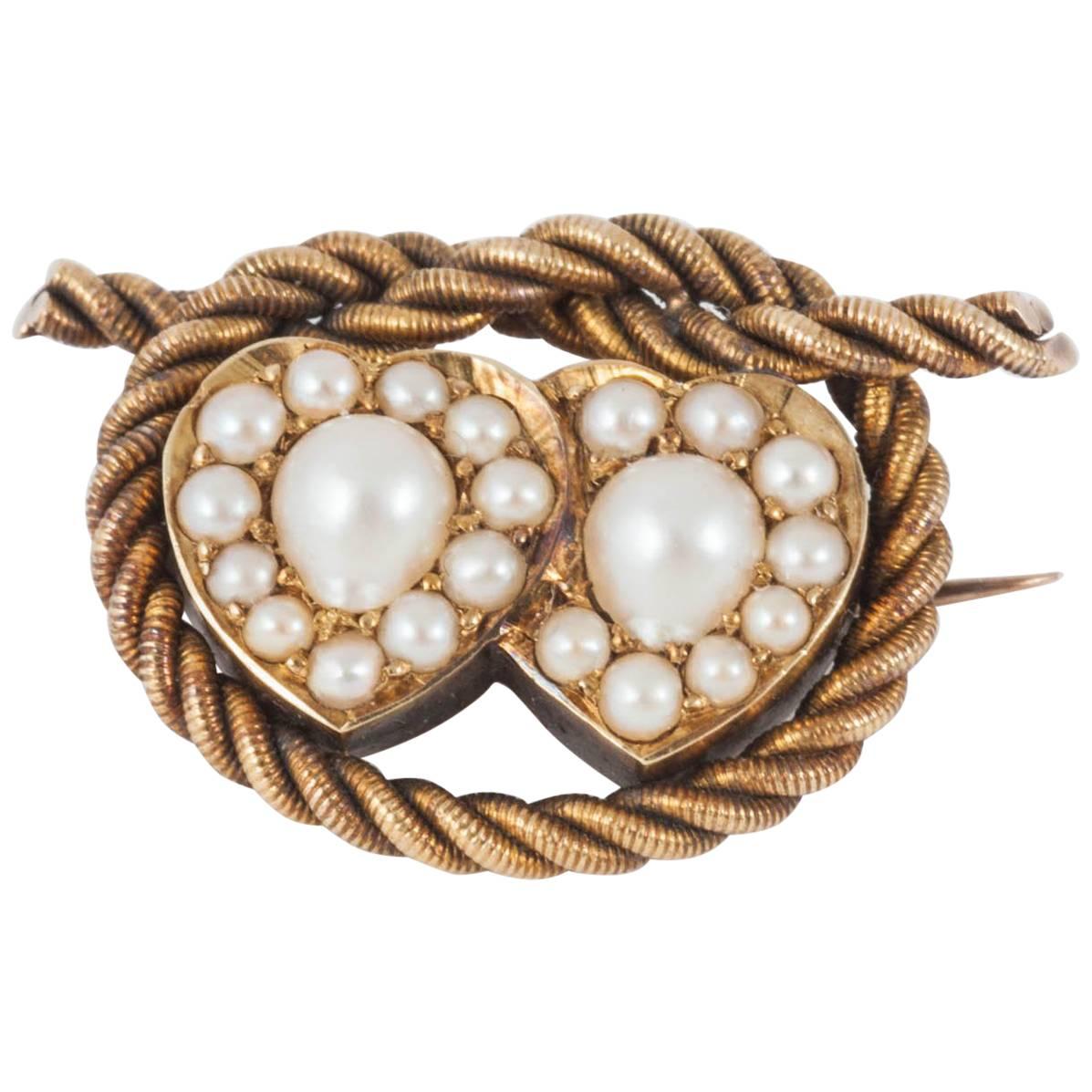 Entwined Double Heart Natural Pearl & 18 Carat Gold Brooch, English circa 1880 For Sale