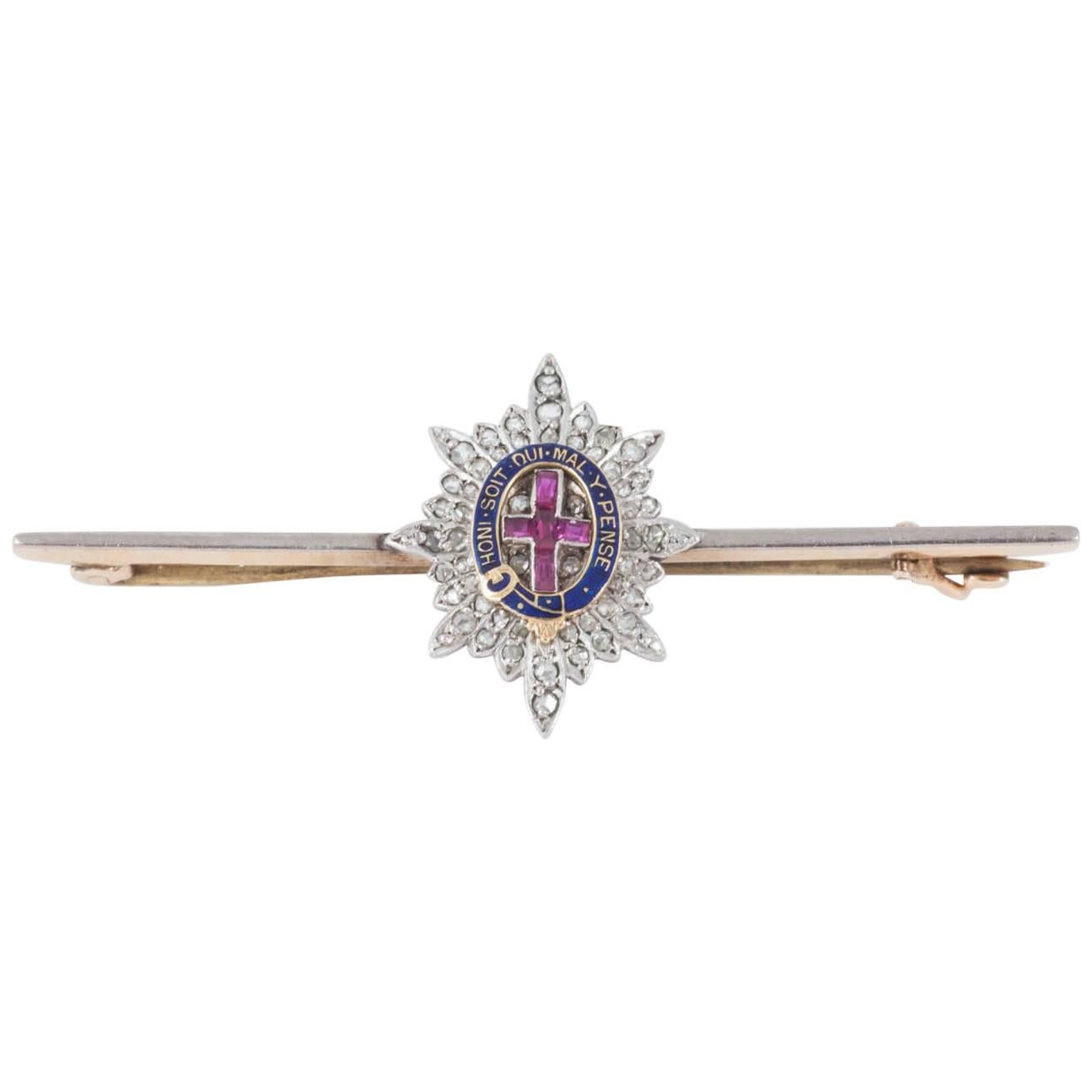 Coldstream Guards Bar Brooch with Rubies Diamonds and Enamel, English circa 1920 For Sale
