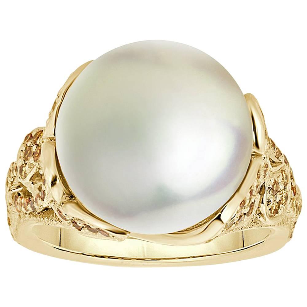 South Sea Pearl and Pave Yellow Diamonds Ring For Sale