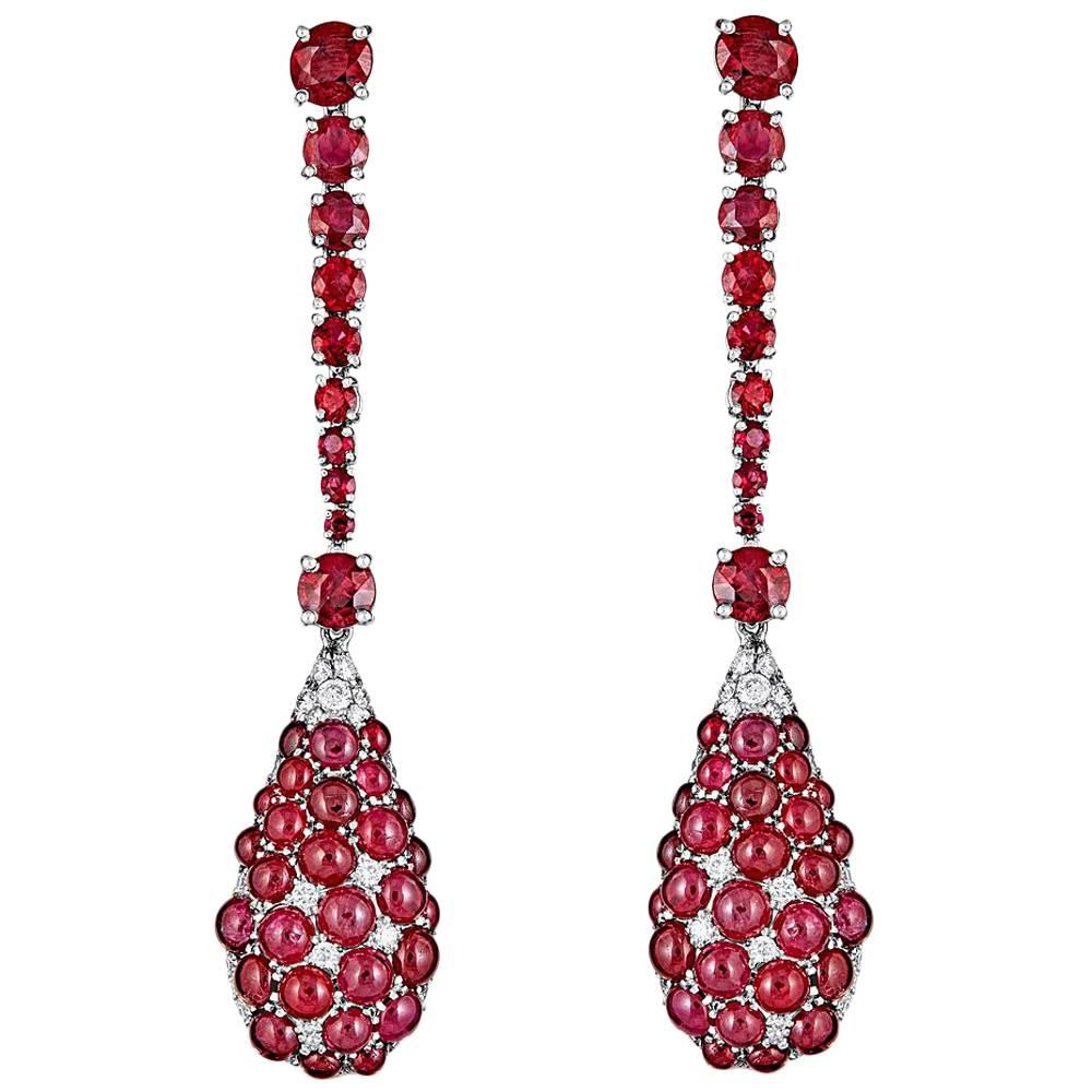 Ruby and Pave Diamond White Gold Drop Earrings For Sale