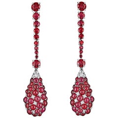 Ruby and Pave Diamond White Gold Drop Earrings