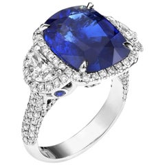 GIA Certified 7.47 Carat Cushion Cut Blue Sapphire Diamond Ring