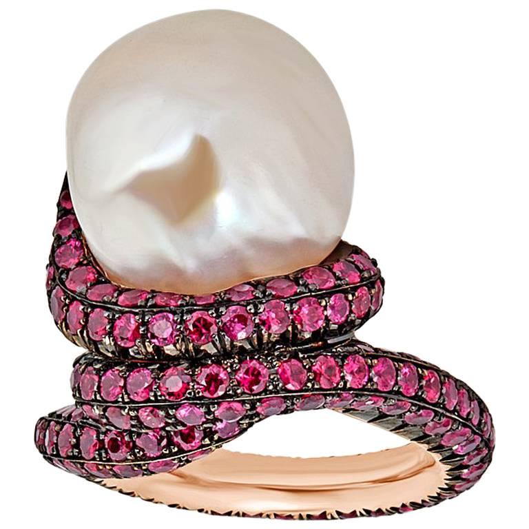 Baroque Pearl and Pave Ruby Rose Gold Ring For Sale