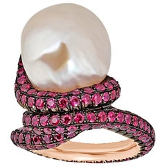 Baroque Pearl and Pave Ruby Rose Gold Ring
