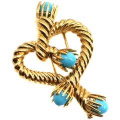 Tiffany & Co. Schlumberger Yellow Gold and Turquoise Twisted Heart Brooch