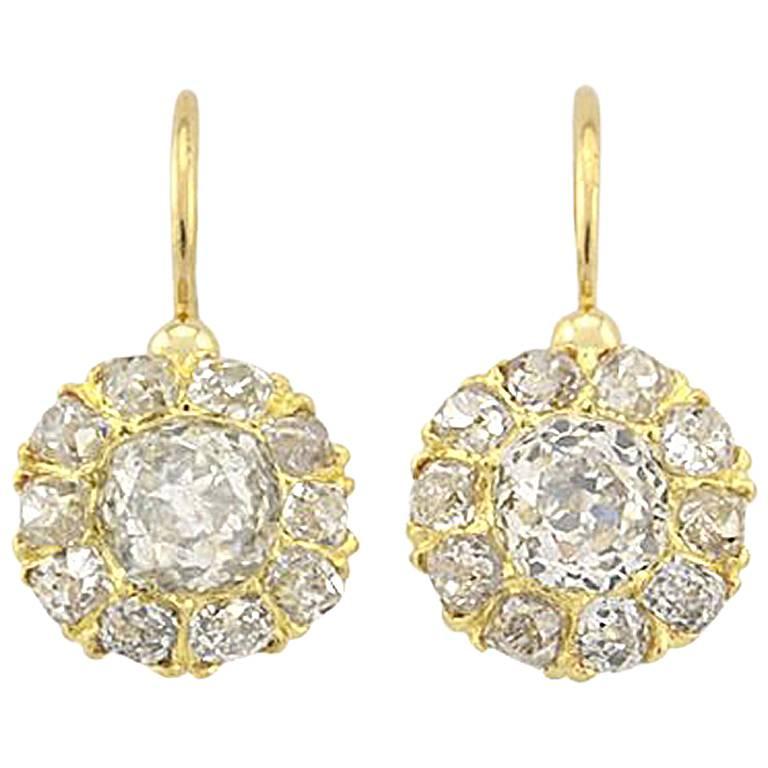 Victorian 18 Karat Yellow Gold Old Mine Cut Diamond Cluster Earrings For Sale