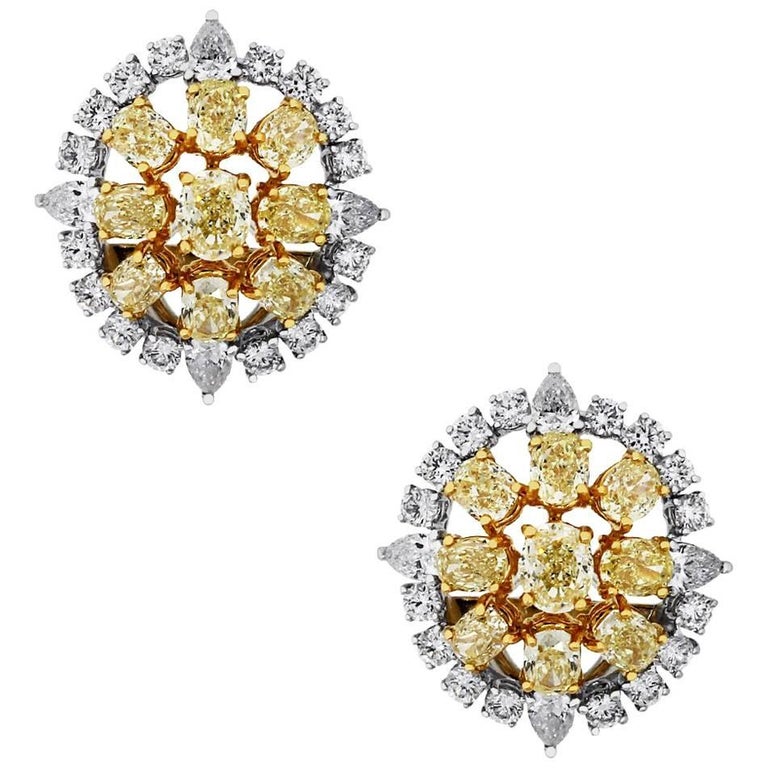 Fancy Yellow Diamond and White Diamond Cluster Earrings at 1stdibs