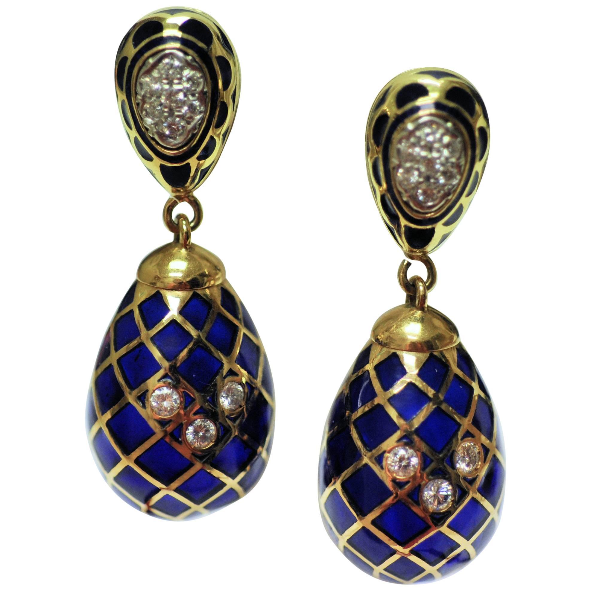 18 Karat Yellow Gold, Cobalt Blue Enamel and Diamond Pendant Drop Earrings